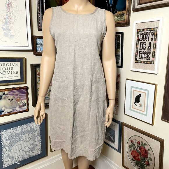 Beige Linen Tie Side Scoop Neck Sleeveless Maxi Apron Dress with Pockets OSFM - Picture 1 of 6